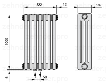 Схема (чертеж) Радиатор Zehnder Charleston 4100/7 №3470 Белый глянцевый RAL 9016